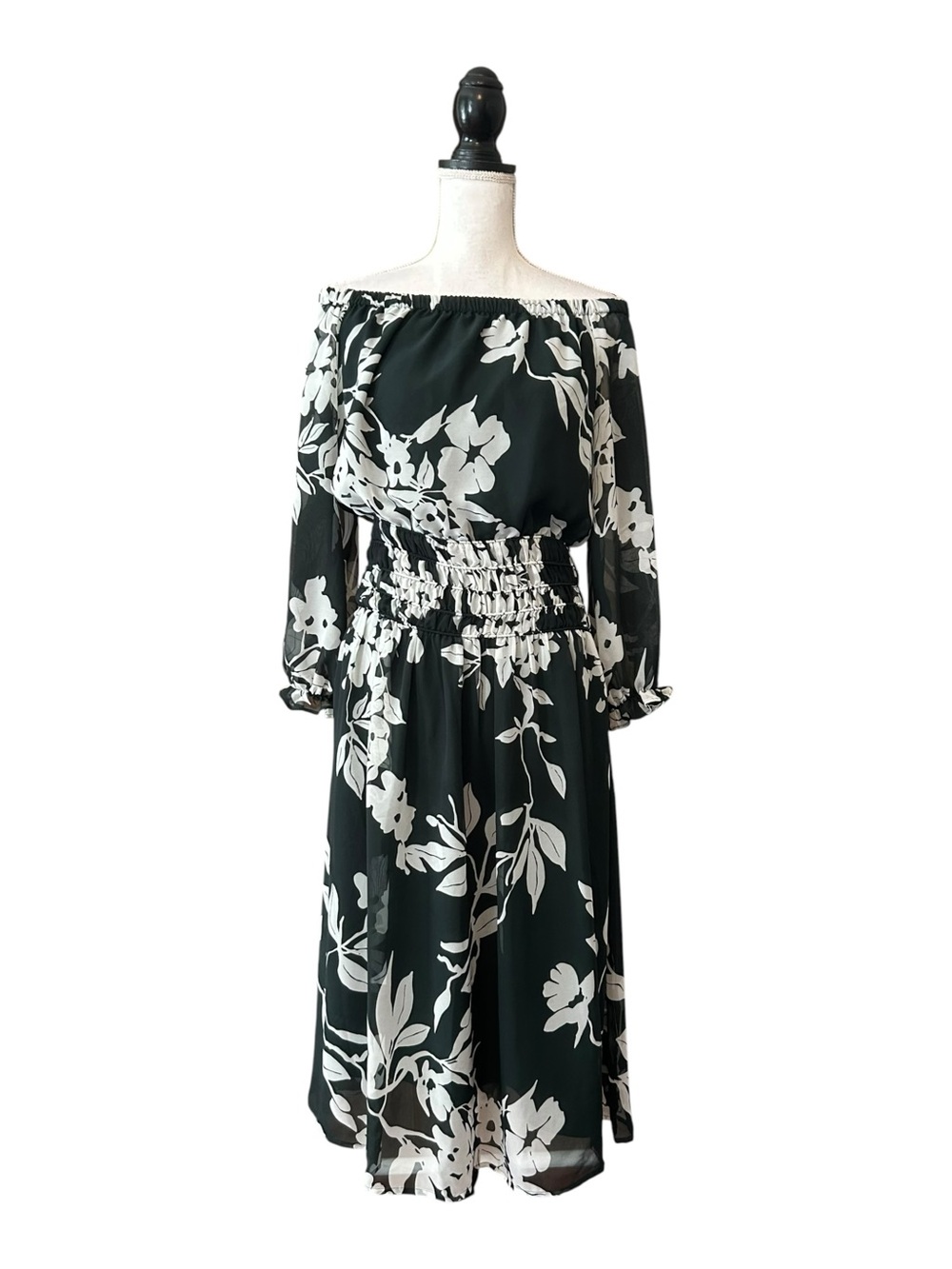 NY & Co Eva Mendes Off-the-Shoulder Floral Smocked Waist Midi Dress SZ Small